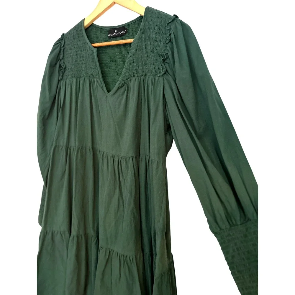 Pomander Place Womens Green Smocked Tiered Cotton Mini Dress Size Medium - Picture 5 of 9